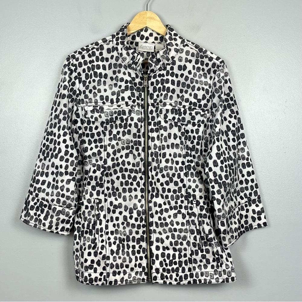 Chico's Black and White Dot-Print Utility Rain Coat Jacket